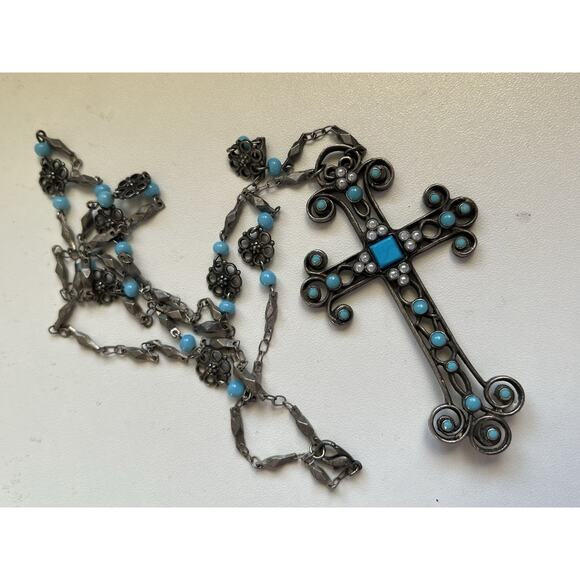 Necklace Filagree Roman Cross with Blue Acrylic Stones Silver Tone Long 32” - Picture 2 of 7